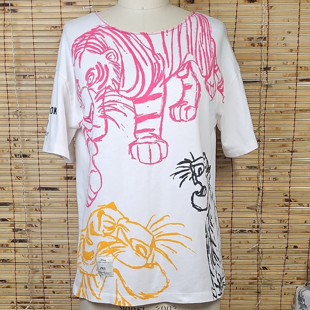 Zara White and Pink Raglan Graphic Tee